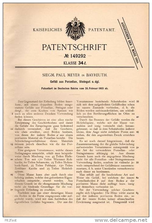 Original Patentschrift - S. Meyer In Bayreuth , 1903 , Porzellan Und Steingut - Gefäß !!! - Altri & Non Classificati