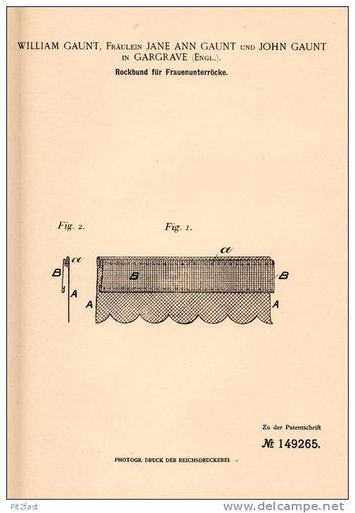 Original Patentschrift - W. Gaunt In Gargrave , England , 1902 , Rockbund Für Frauenrock , Rock , Kleid !!! - 1900-1940