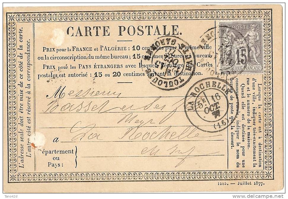 LPU5 - FRANCE CPO MOD. JUILLET 1877 VOYAGEE TOULOUSE / LA ROCHELLE 15/10/1877 - Cartes Précurseurs