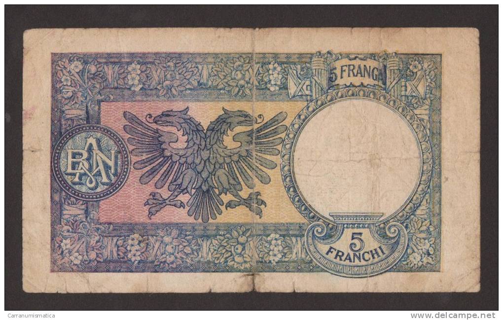 BANCA NAZIONALE D' ALBANIA - 5 FRANGA (1939) - Occupazione Italiana - Albanien