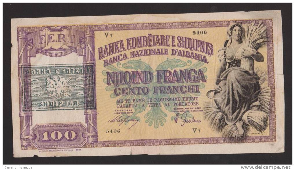 ALBANIA - BANCA Dello STATO D´ ALBANIA - 100 FRANGA (1945) - PROVISIONAL NOTE With OVERPRINT - Albanie