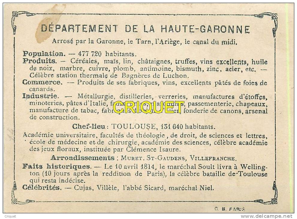 Chromo Dorée, Département De La Haute Garonne, Scan Recto-verso - Autres & Non Classés