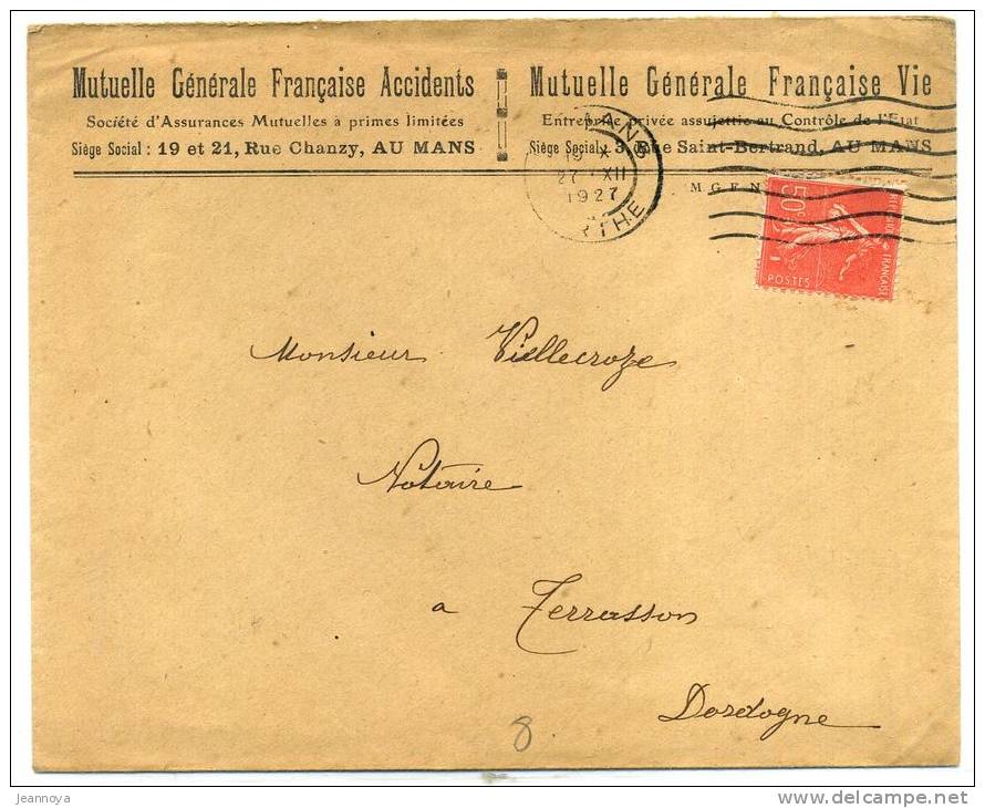 FRANCE - SEMEUSE LIGNÉE - N° 199f / LETTRE OM DU MANS LE 27/12/1927 - TB - Rollen