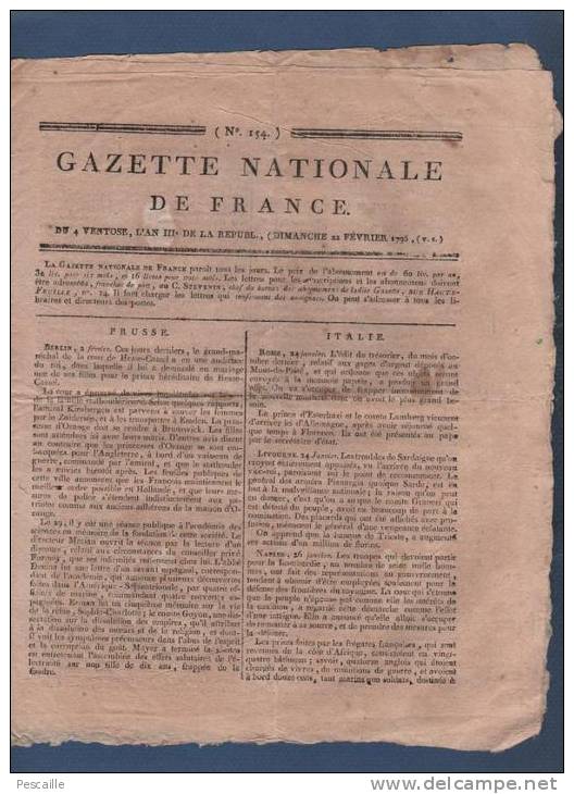 GAZETTE NATIONALE DE FRANCE 22 02 1795 - PRUSSE - ITALIE - LA HAYE ARBRE DE LA LIBERTE - TOULON - ETAT CIVIL PARIS - Zeitungen - Vor 1800