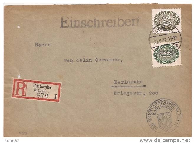 R3 - KARLSRUHE Baden - 1932 - Port Local 38 Pfennig - DIENSTMARKE - Timbre De Service - Einschreiben - Recommandé - - Autres & Non Classés