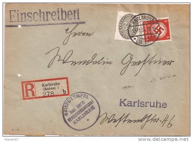 R4 - KARLSRUHE Baden - 1935 - Port Local 38 Pfennig - DIENSTMARKE - Timbre De Service - Einschreiben - Recommandé - - Autres & Non Classés