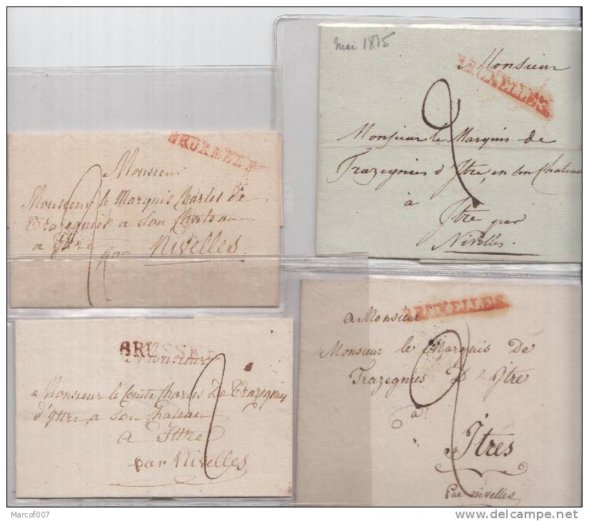 PRECURSEUR NOBLESSE LOT DE 4 DEVANT DE LETTRE POUR LE COMTE MARQUIS DE TRAZEGNIES CHATEAU ITTRES PAR NIVELLES - 1815-1830 (Dutch Period)