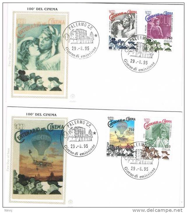 123-Italia FDC FILIGRANO Gold S - 29. 8.1995  2  Buste 1° Gg.  " 100° Del Cinema " Serie Completa  4 Valori X £. 750 - FDC