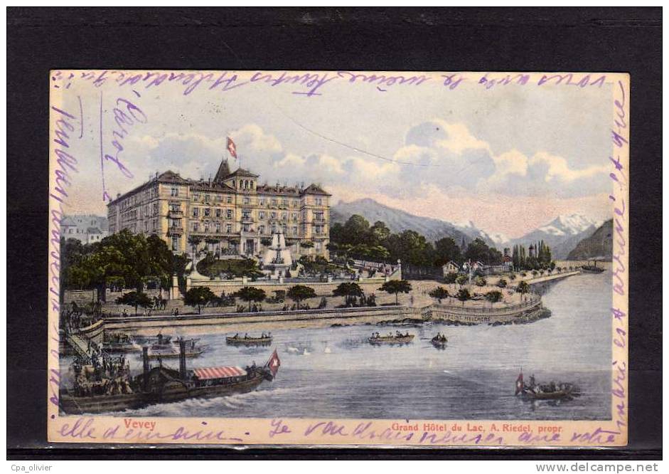 SUISSE Vevey, Hotel Du Lac, Lac Léman, Colorisée, Ed Juggenheim 205898, 1925 - Vevey