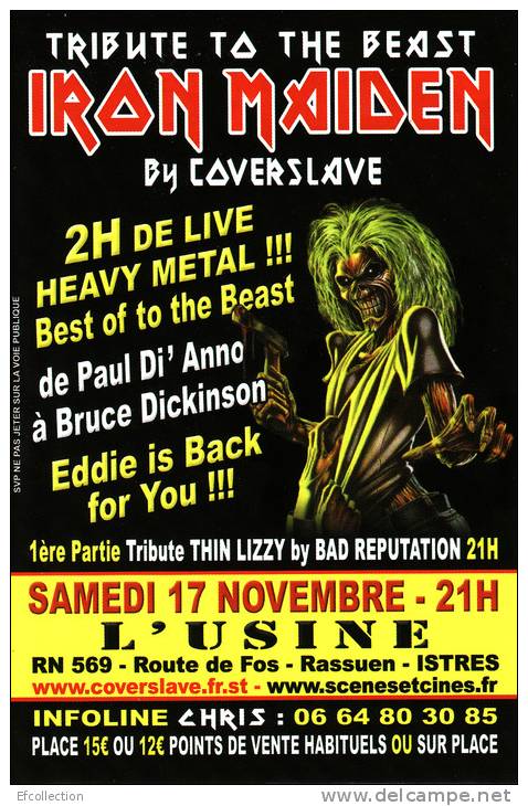 Flyer Istres Tribute To The Beast Iron Maiden By Coverslave Heavy Metal De Paul Di´ Anno à Bruce Dickinson Eddie Is Back - Varia