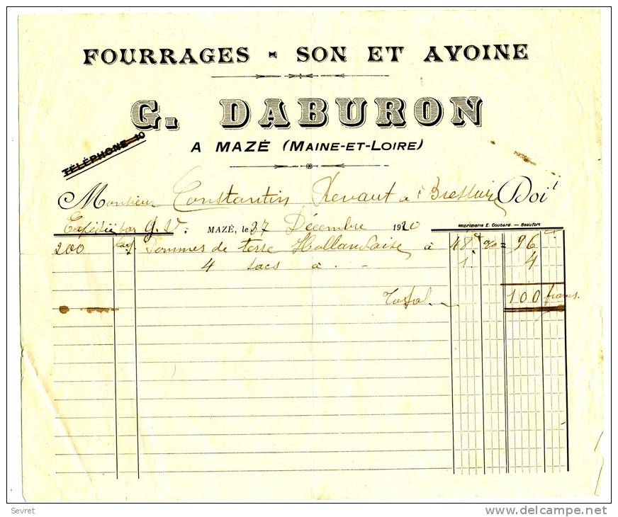 MAZE  - Maine Et LOIRE - Germain DABURON -  Fourrages - Son Et  Avoine - Agriculture