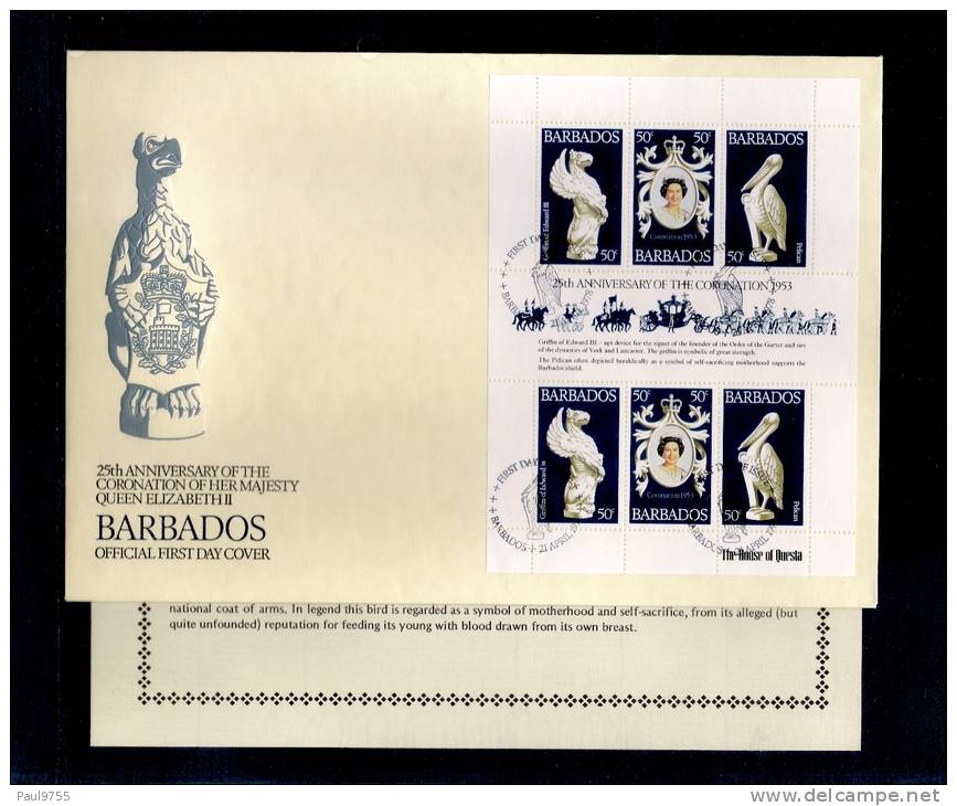 1978(21/04) SUPERB FDC WITH EXPLANATION Y.T. 449-451 BARBADOS-25TH ANNIV.CORONATION ELISABETH II - Barbades (1966-...)
