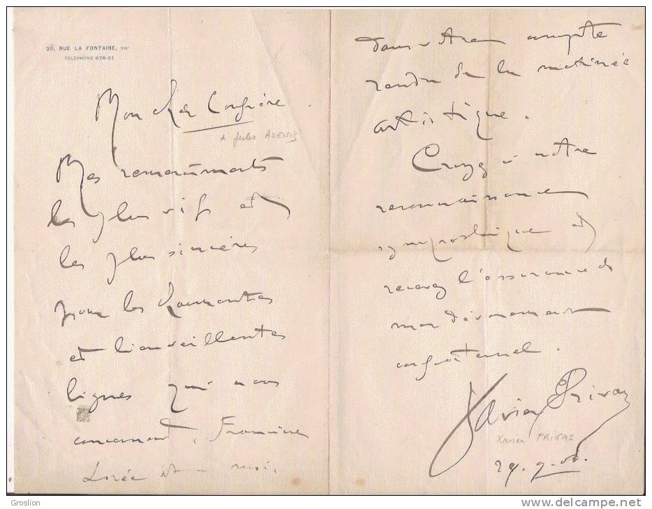 XAVIER PRIVAS  (1863 1927) CHANSONNIER FRANCAIS LETTRE A SIGNATURE - Autres & Non Classés