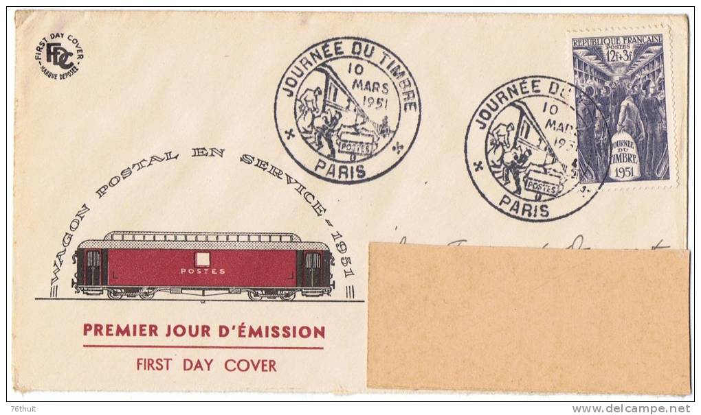 10/3/1951 - Enveloppe Lettre - FDC - Journée Du Timbre- Wagon Postal - Yvert Et Tellier  879 - Journée Du Timbre