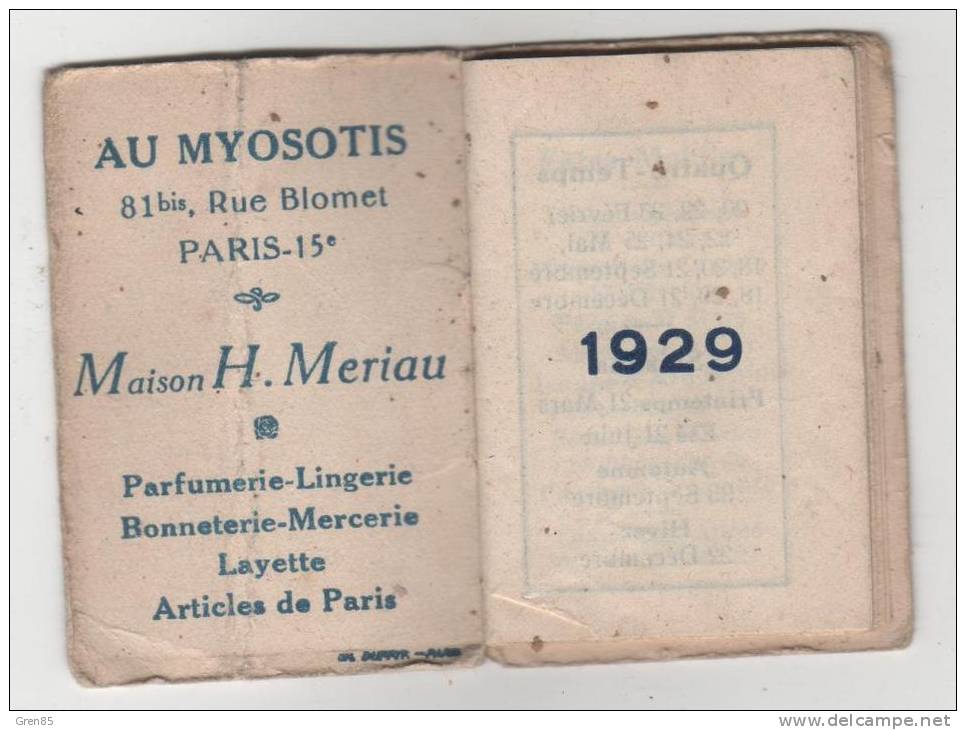 PETIT CALENDRIER DE POCHE 1929, PORTRAIT DE FEMME SUR LA COUVERTURE, PUB MAGASIN AU MYOSOTIS PARIS 15e, COMPLET - Petit Format : 1921-40