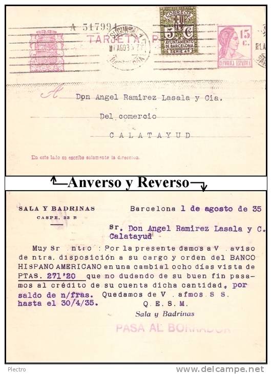 Tarjeta De La II Repúbica 'Matrona' Privatizada "Sala Y Badrinas" De Barcelona, Edifil-69FBd. - 1931-....