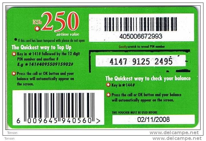 Kenya, KSh 250, The Green Card, Expiry 02/11/2008, 2 Scans. - Kenia