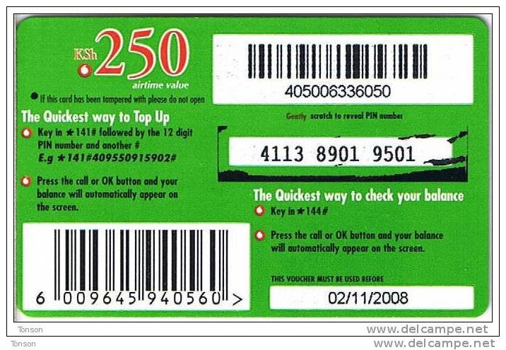 Kenya, KSh 250, The Green Card, Expiry 02/11/2008, 2 Scans. - Kenia