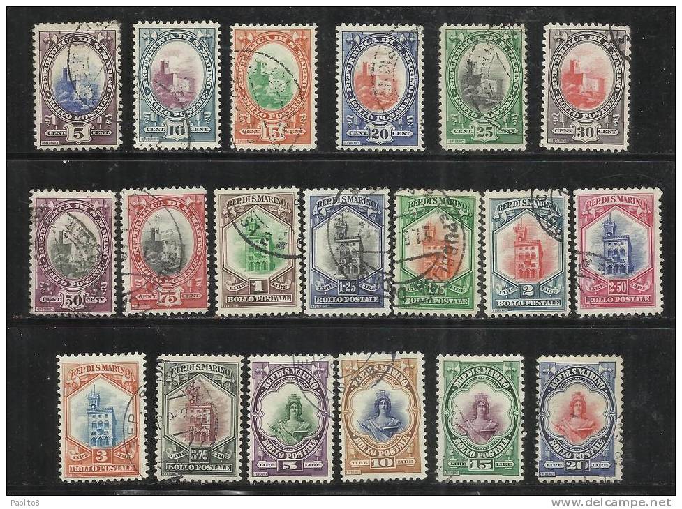 SAN MARINO 1929 VEDUTA VIEW PALAZZO DEL CONSIGLIO E BUSTO DELLA LIBERTA' SERIE COMPLETA COMPLETE SET USATA USED OBLITERE - Oblitérés