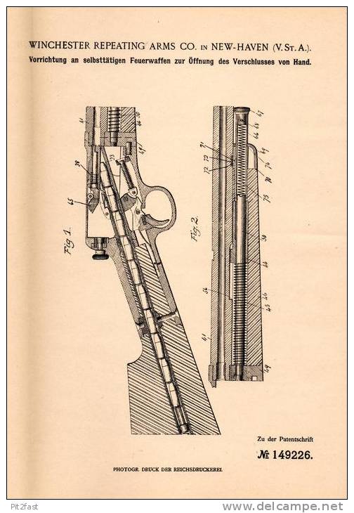 Original Patentschrift - Winchester Repeating Arms Co In New Haven , 1901 , Apparat Für Gewehr , Pistol , Pistole !!! - Equipement