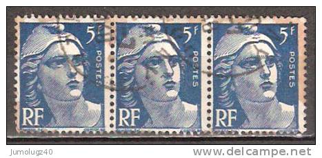 Timbre France Y&T N° 719B Bande De 3 (1) Obl.  Marianne De Gandon.  5 F. Bleu. Cote 0,90 € - 1945-54 Marianne Of Gandon