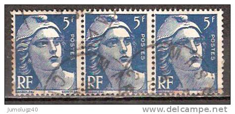 Timbre France Y&T N° 719B Bande De 3 (2) Obl.  Marianne De Gandon.  5 F. Bleu. Cote 0,90 € - 1945-54 Marianne Of Gandon