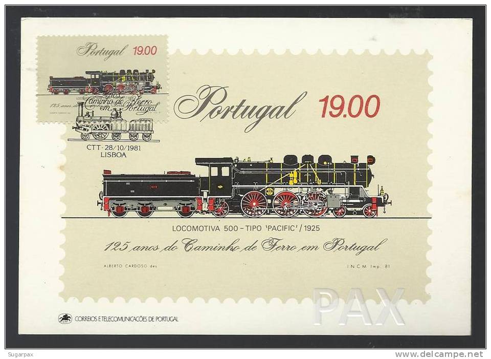 PORTUGAL - LOCOMOTIVA 500 TIPO PACIFIC - 125 ANOS CAMINHO DE FERRO - BPC 6 - 2 SCANS - CARTE MAXIMUM - MAXICARD - Maximum Cards & Covers