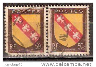 Timbre France Y&T N° 757 Paire (1) Obl.  Armoiries De Lorraine.  50 C. Brun, Jaune Et Rouge. Cote 0,30 € - 1941-66 Coat Of Arms And Heraldry