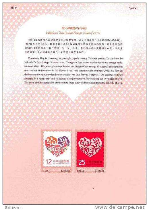 Folder Taiwan 2013 Valentine Day Stamps Love Heart Rose Flower Number Code - Unused Stamps