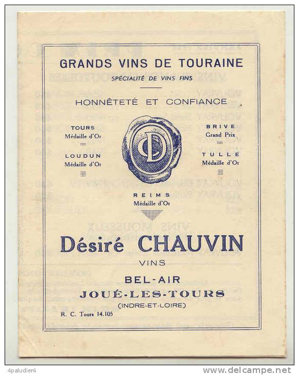 VITICULTURE GRANDS VINS DE TOURAINE Désiré CHAUVIN 1958 Joué-les-Tours ( Indre-et-Loire) - Alcolici