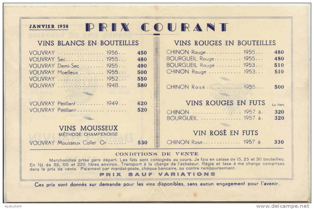 VITICULTURE GRANDS VINS DE TOURAINE Désiré CHAUVIN 1958 Joué-les-Tours ( Indre-et-Loire) - Alcools