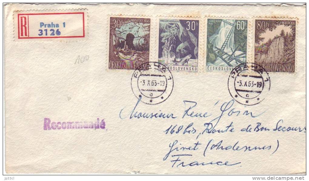 Recommandé De Tchécoslovaquie Avec 4 Timbres "Paysages" De Praha (Prague) Vers Givet (3/10/1963° - Briefe U. Dokumente