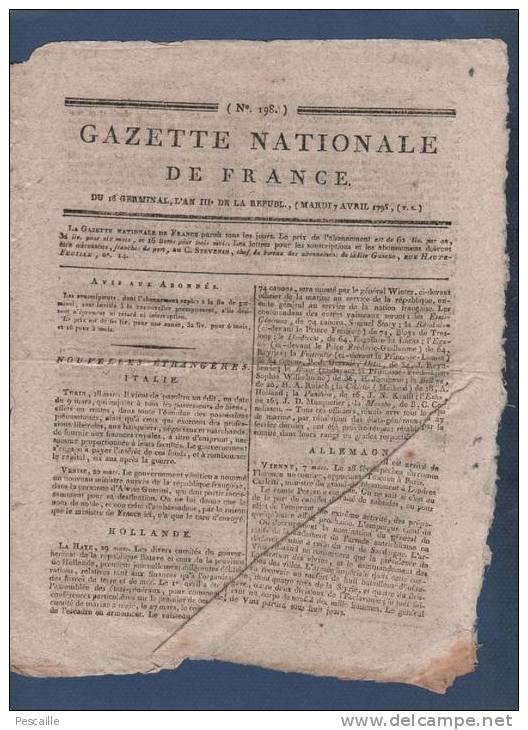 GAZETTE NATIONALE DE FRANCE 7 04 1795 - ITALIE - HOLLANDE - ALLEMAGNE - LANJUINAIS RENNES CHOUANS BEAUMONT - CONVENTION - Journaux Anciens - Avant 1800