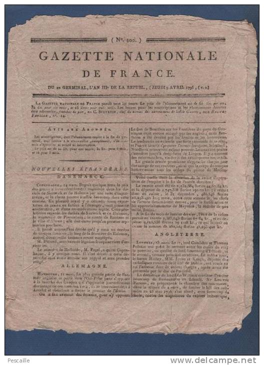 GAZETTE NATIONALE DE FRANCE 9 04 1795 - DANEMARK - ALLEMAGNE - IRLANDE - ASSEMBLEES ELECTORALES - LEONARD BOURDON - Zeitungen - Vor 1800