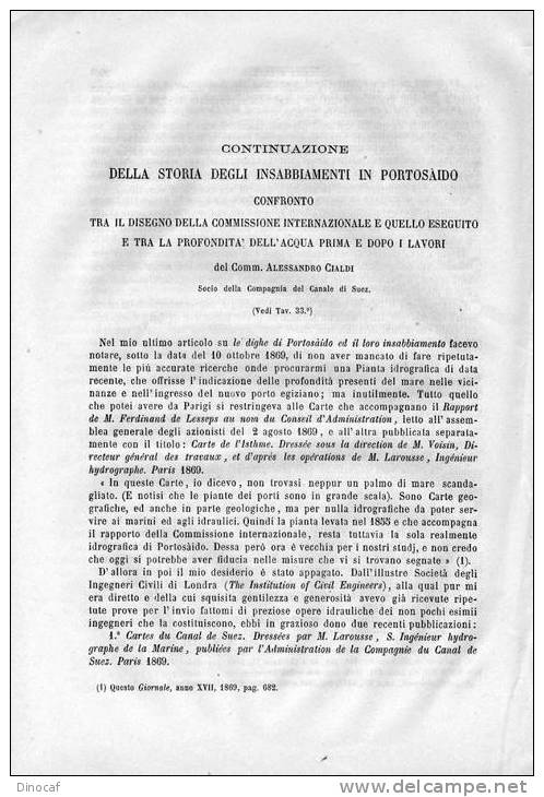Articolo + 1 Incisione, Del 1870,  "DELLA STORIA DEGLI INSABBIAMENTI IN PORTOSÀIDO"   10 Pp Suez, Bosforo - Oude Boeken