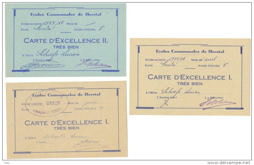 HERSTAL - Ecoles Communales Du Centre - Lot De 3 Cartes D'excellence - 1955/56 (Y136) - Diplômes & Bulletins Scolaires