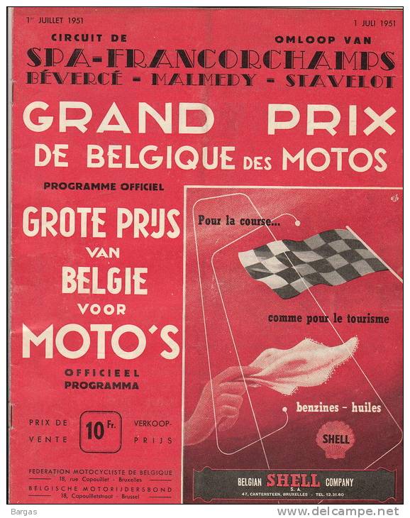 Programme Grand Prix Moto Spa Francorchamps 1951 FN Norton Gilera MV BMW Velocette Bsa AJS Triumph Gillet Sarolea TWN - Programmes