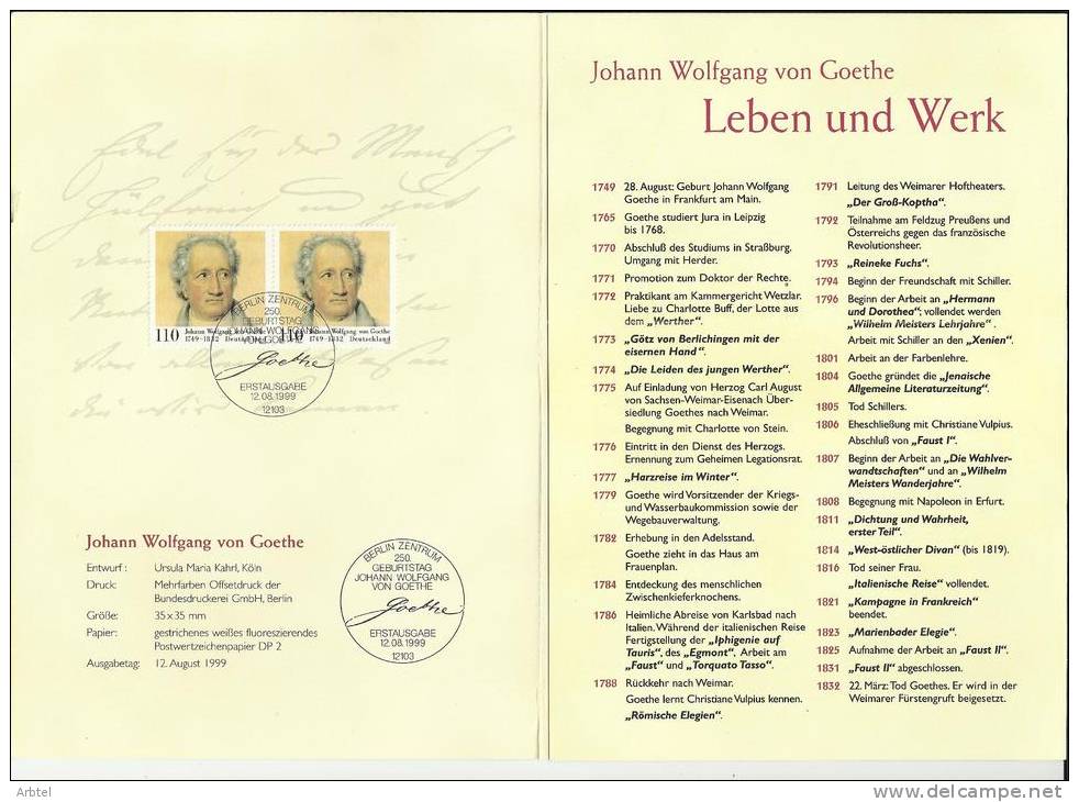 ALEMANIA DOCUMENTO MAT BERLIN GOETHE 250 ANIVERSARIO Y 1100 JAHRE WEIMAR - Abarten Und Kuriositäten