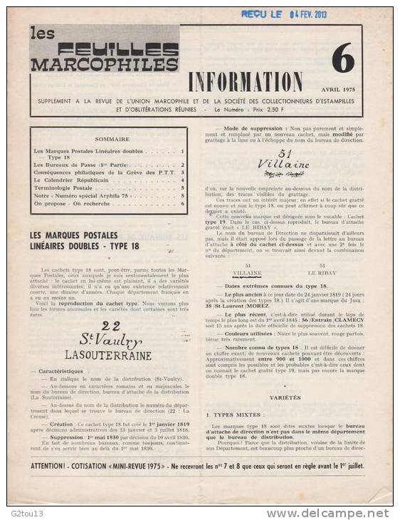 Les Feuilles Marcophiles Information N°6 - Avril 1975 - Français (àpd. 1941)