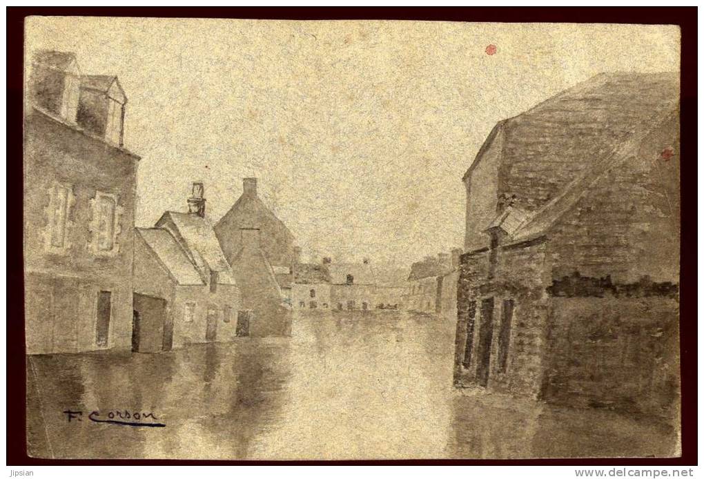Lavis D´ Encre Guingamp St Croix Inondations Mars 1910 Signé F. Corson  EUG26 - Guingamp