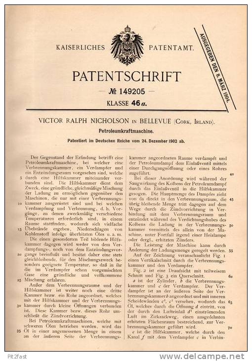 Original Patentschrift - V. Nicholson In Bellevue , Cork , Ireland , 1902 , Petroleum - Machine , Kraftmaschine !!! - Tools