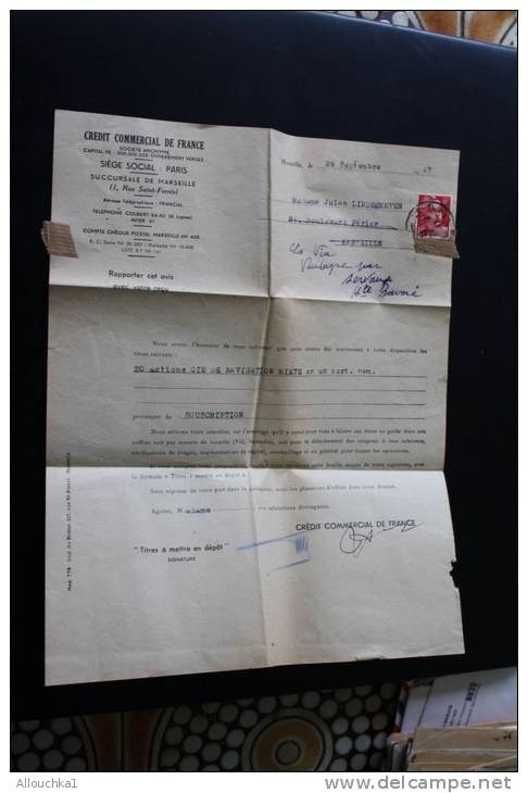 29/9/1947 Aff Timbre Gandon Seul S Lettre:courrier 20 Actions Cie De Navigation Mixte(souscription CCF)Vaudagne/Servoz - Banco & Caja De Ahorros