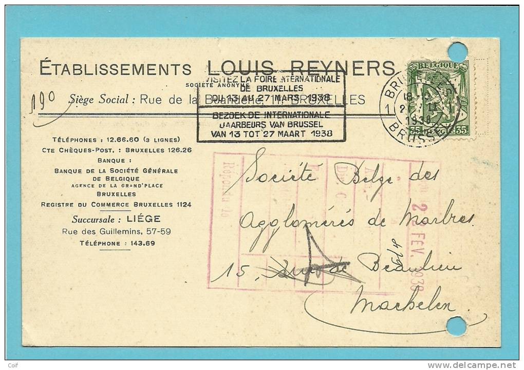 425 Op Kaart Met Stempel BRUXELLES Met Firmaperforatie (perfin) " L.R. "  Van Louis REYNERS - 1934-51