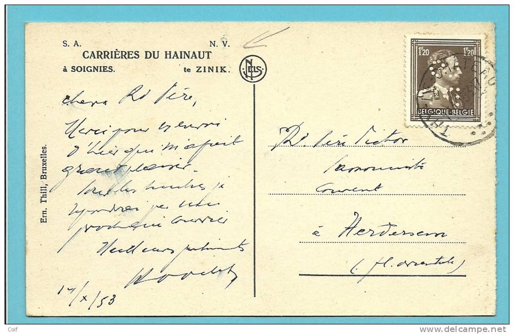 845 Op Kaart Met Stempel THY-LE-CHATEAU Met Firmaperforatie (perfin) " S E " - 1951-..