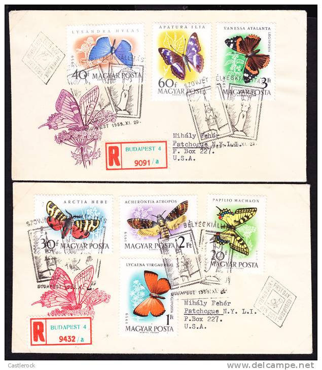 A)1959 HUNGARY SET 2 CIRCULATED FDC WITH TOPIC BUTTERFLY STAMPS AND REGISTERED STIKER - FDC