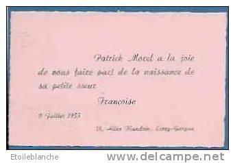 Faire-part De Naissance 1955 Livry Gargan (93 Seine St Denis) Morel, Patrick, Françoise, 2 Juillet - Naissance & Baptême