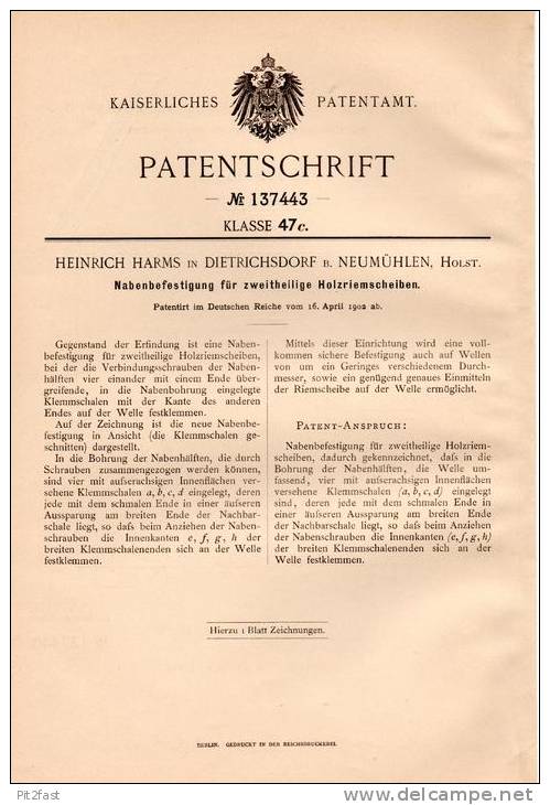 Original Patentschrift - H. Harms In Dietrichsdorf B. Neumühlen I. Holstein , 1902 , Holz - Riemenscheibe , Nabe !! - Historische Dokumente