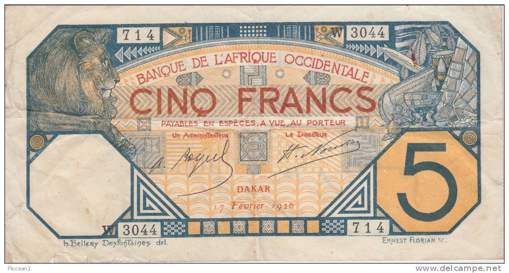 SENEGAL - DAKAR - AFRIQUE OCCIDENTALE ** BILLET 5 FRANCS 7 Février 1926 - W 3044 - 714 ** ACHAT IMMEDIAT - Senegal