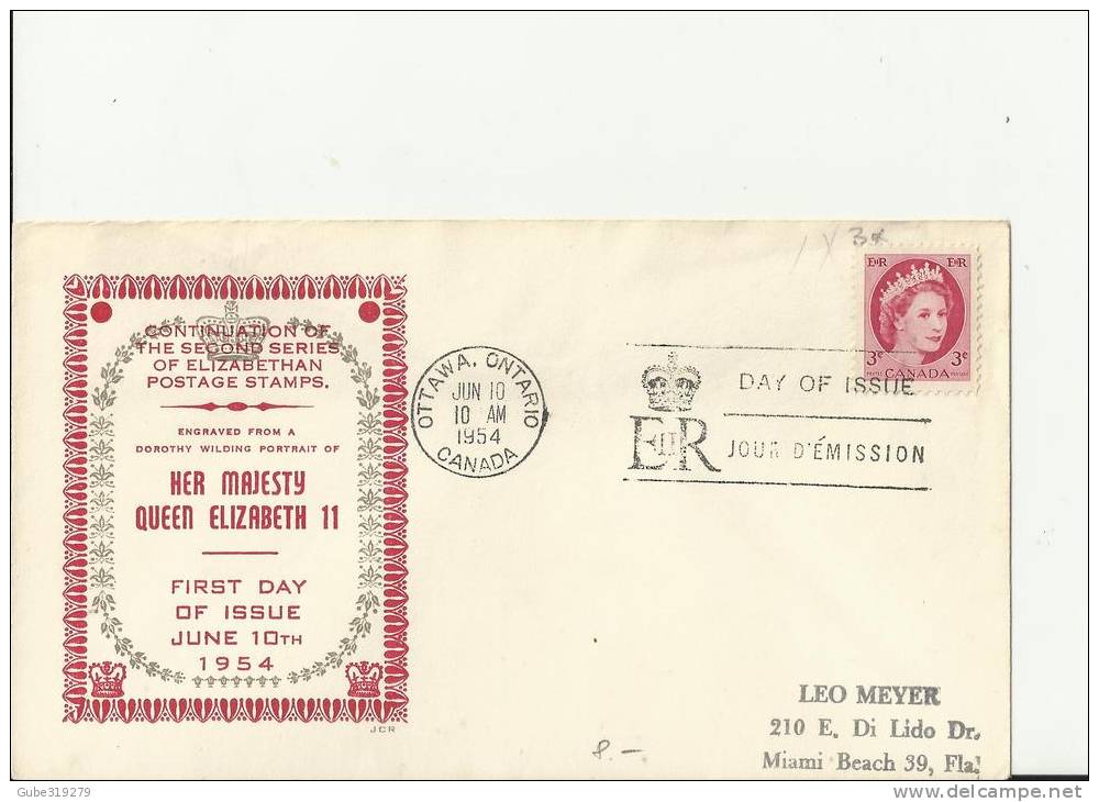 CANADA 1954– FDC  QUEEN ELIZABETH CONTIN. OF 2ND ELIZABETHAN SERIES  W 1 ST  OF 3 C ADDR TO MIAMI BEACH-FLA-USA JUN 10 R - 1952-1960