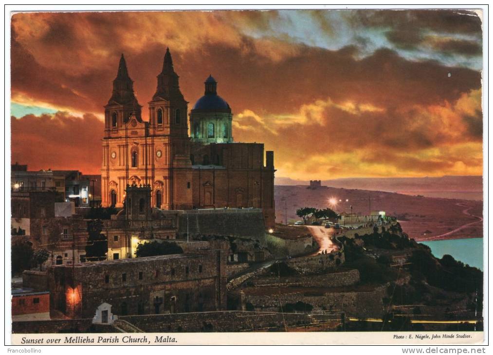 MALTA-SUNSET OVER MELLIEHA PARISH CHURCH (PUBL.JOHN HINDE) - Malta